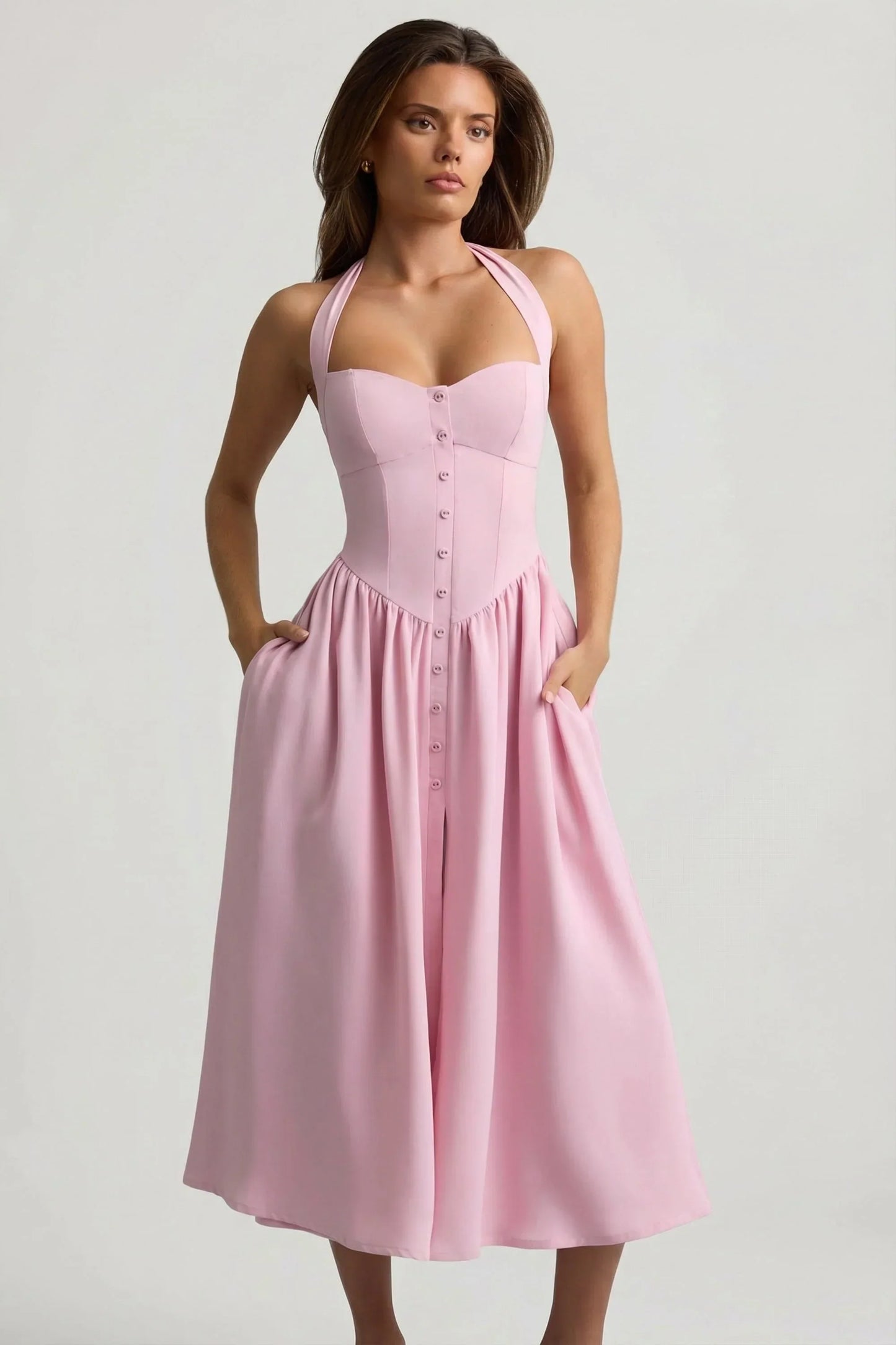 Button-Detail Halterneck Midaxi Dress in Soft Pink