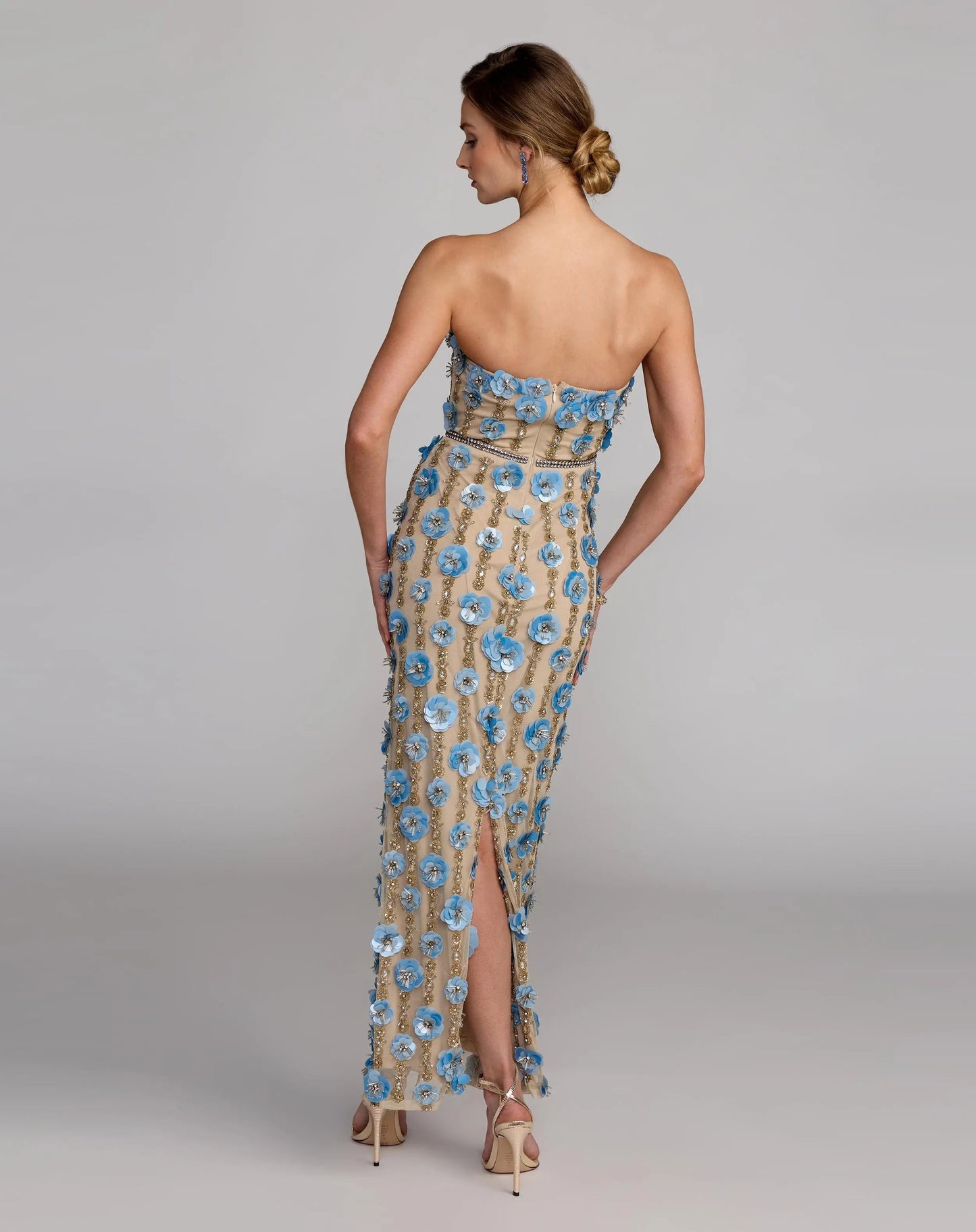 Beige Strapless 3D Floral Embellished Dress
