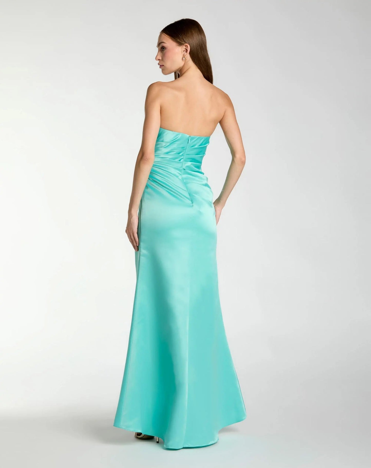 Blue Strapless Satin Gown With Slit