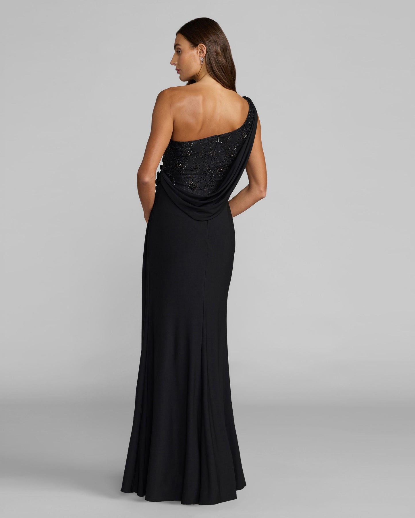 Black One Shoulder Draped Jersey Gown With 3D Flowers