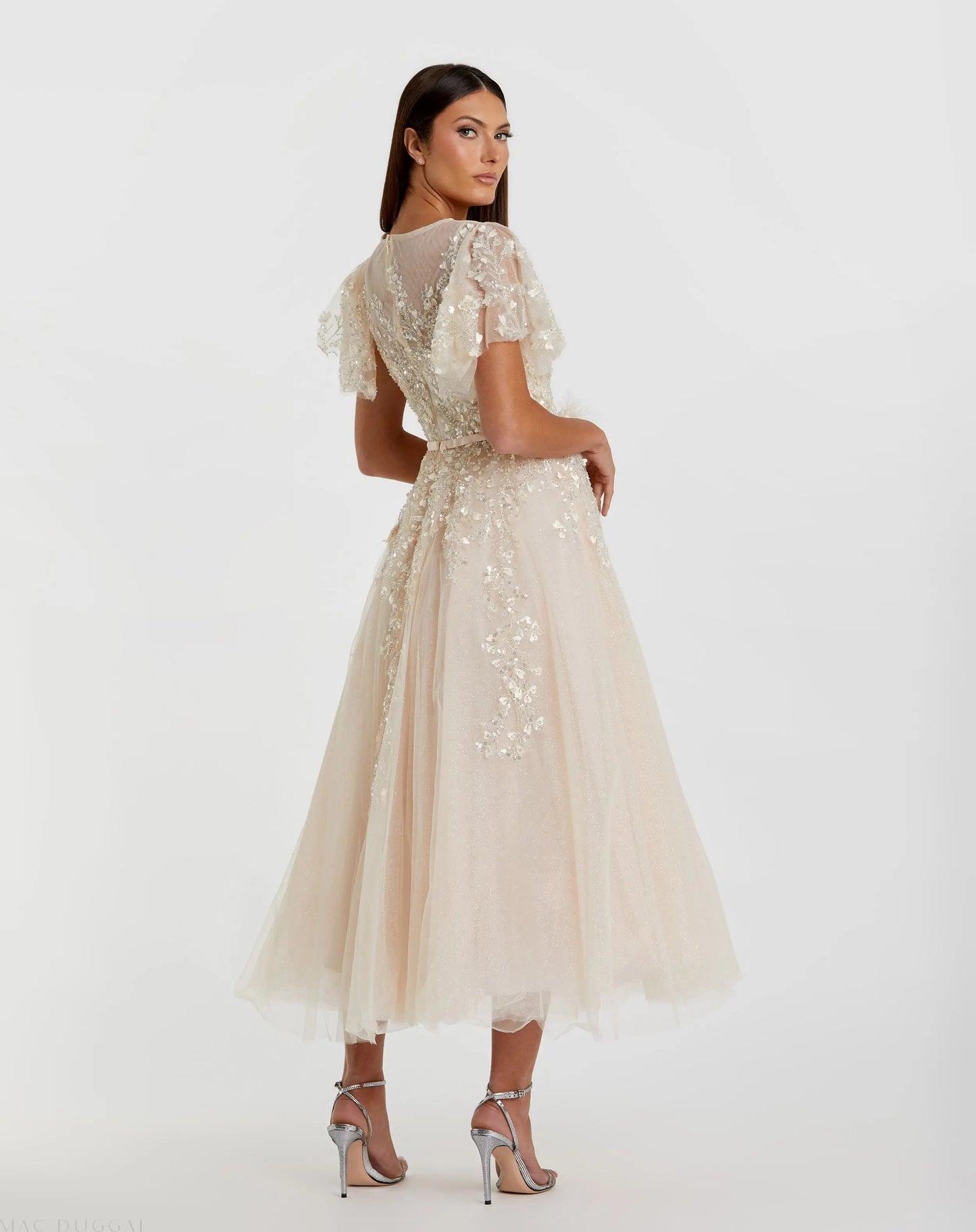 Beige Embellished Flutter Sleeve Bow Waist A Line Dress - FINAL SALE