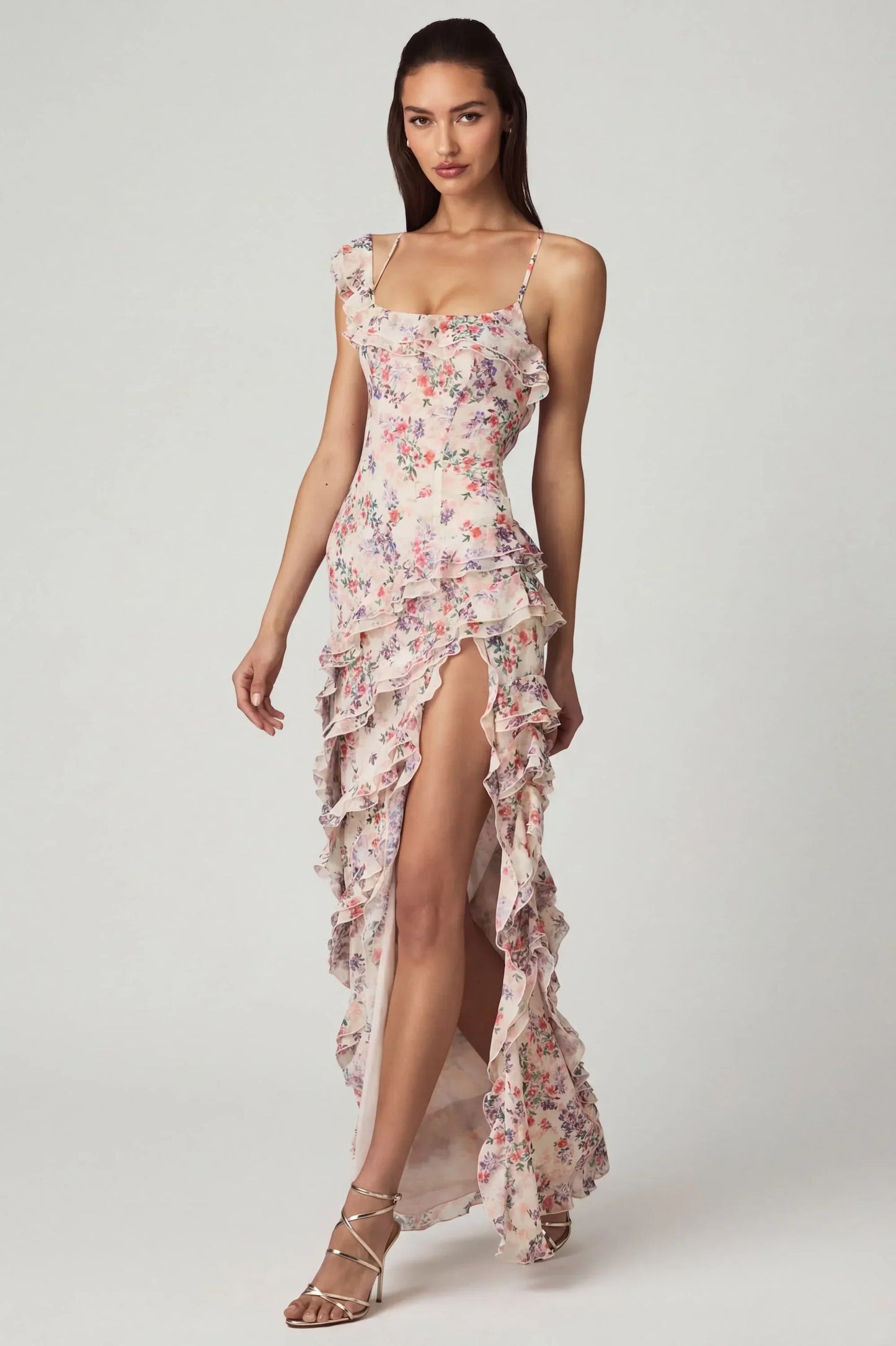 Asymmetric Ruffled Lace-Up Gown in Primrose Floral Print