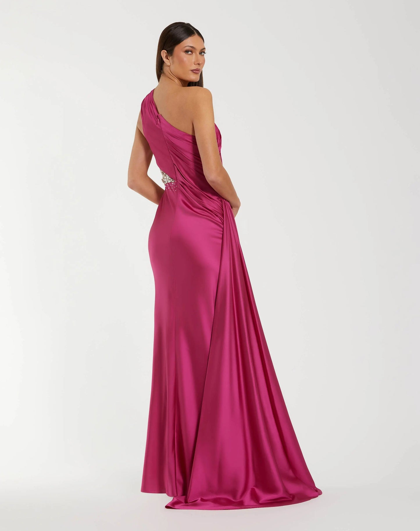Dark Pink One Shoulder Charmeuse Gown With Beaded Cutout