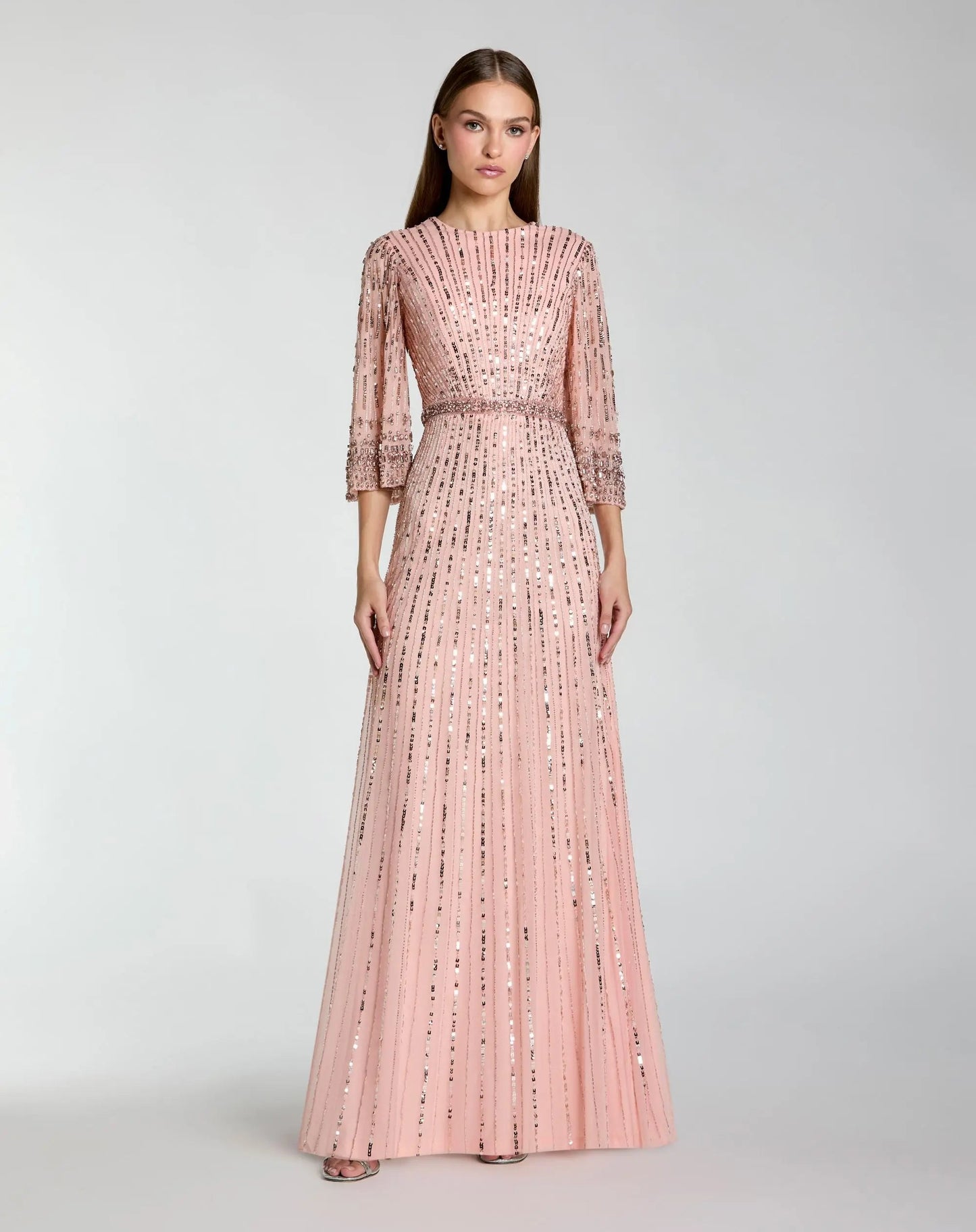 High Neck Embellished Gown With 3/4 Sleeves