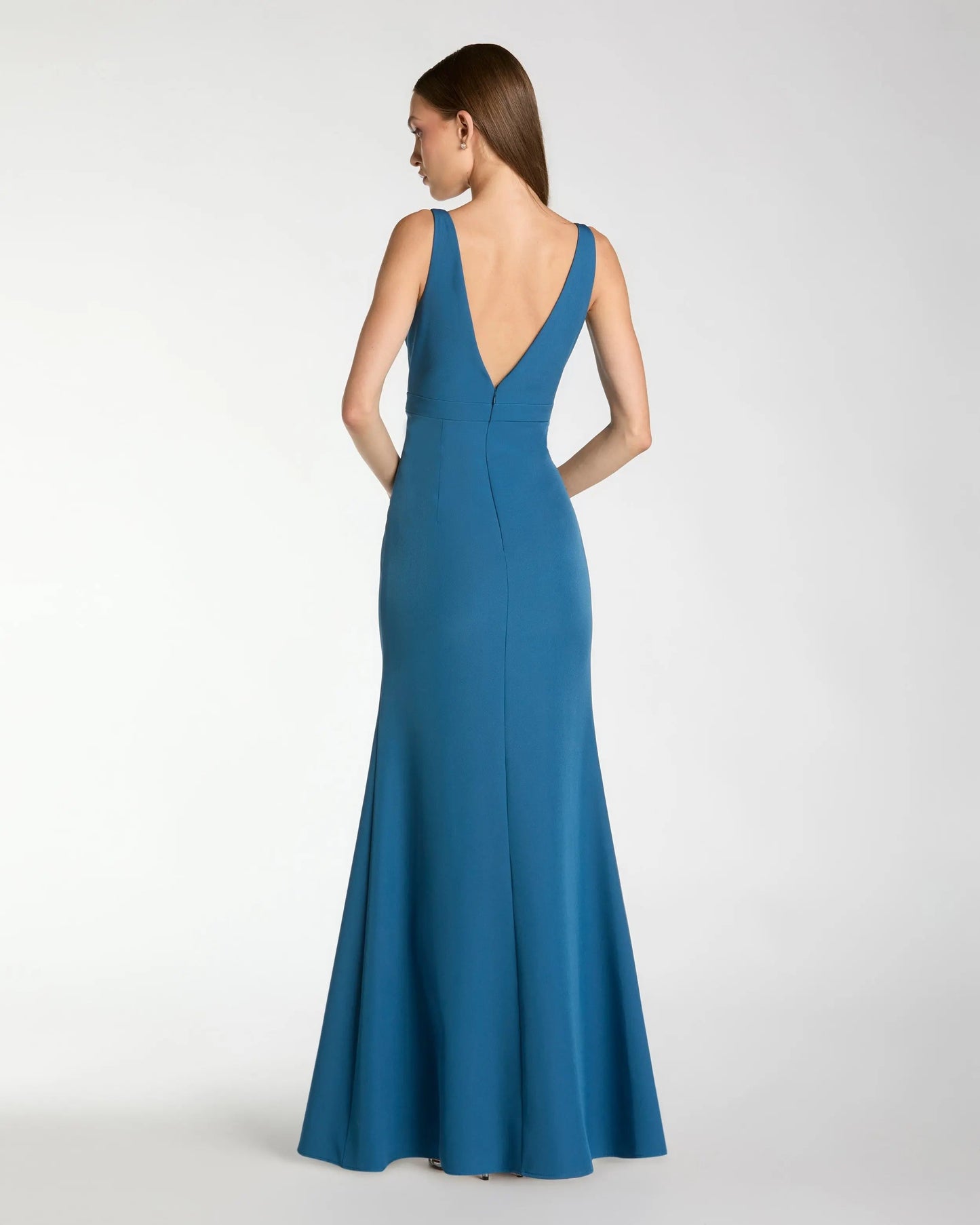 Blue Crepe Sleeveless V Neck Mermaid Gown With Bow