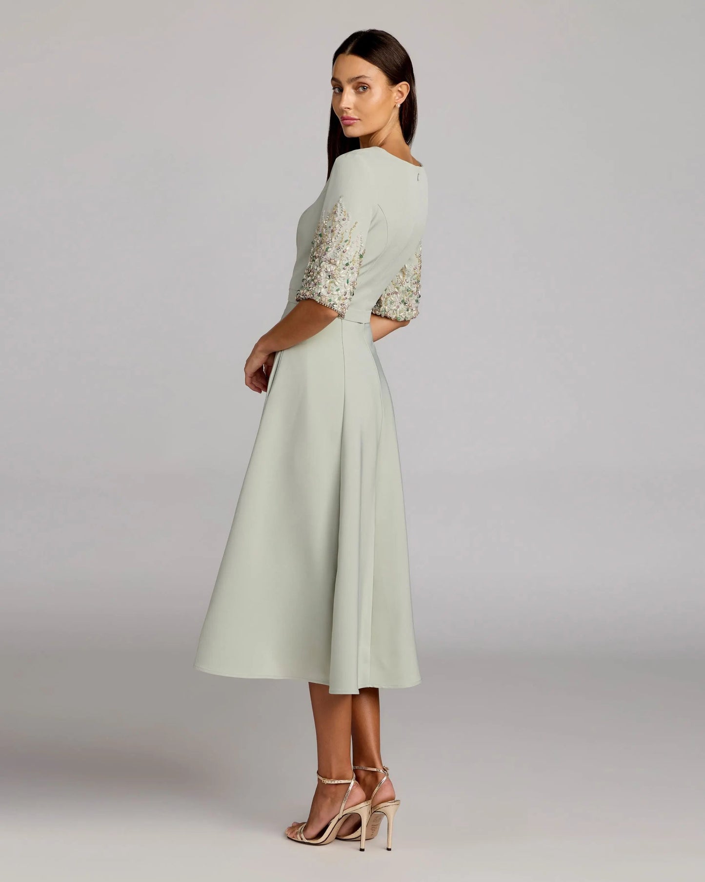 Green Crepe A Line Midi Dress With Beaded Sleeves