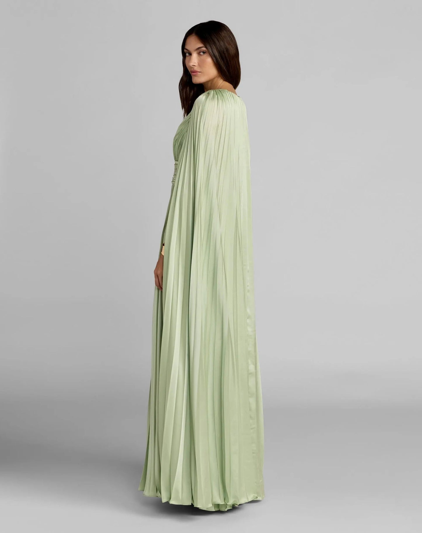 Light Green Pleated Charmeuse V Neck Gown With Cape