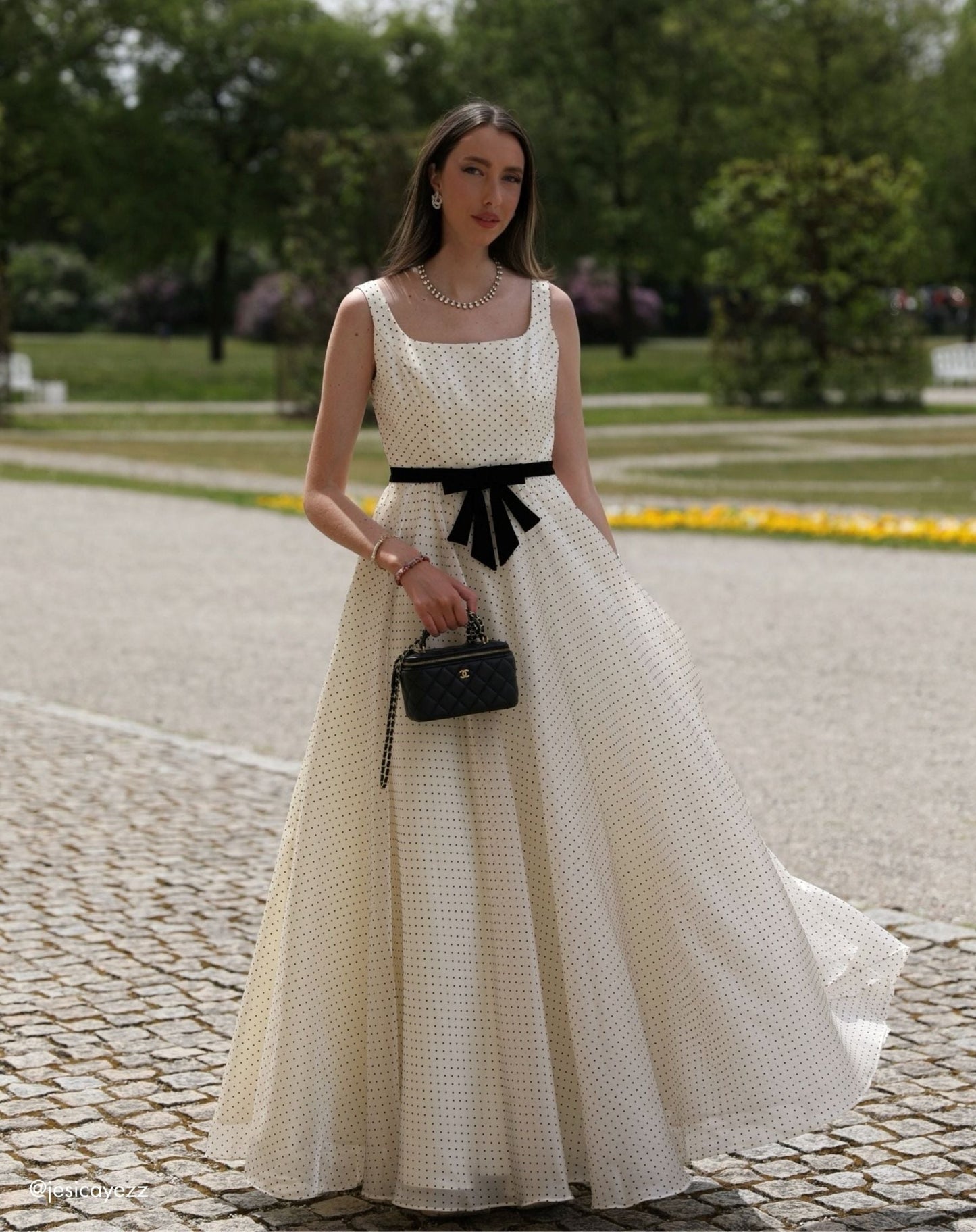 Ivory Polka Dot Square Neck Ball Gown With Bow