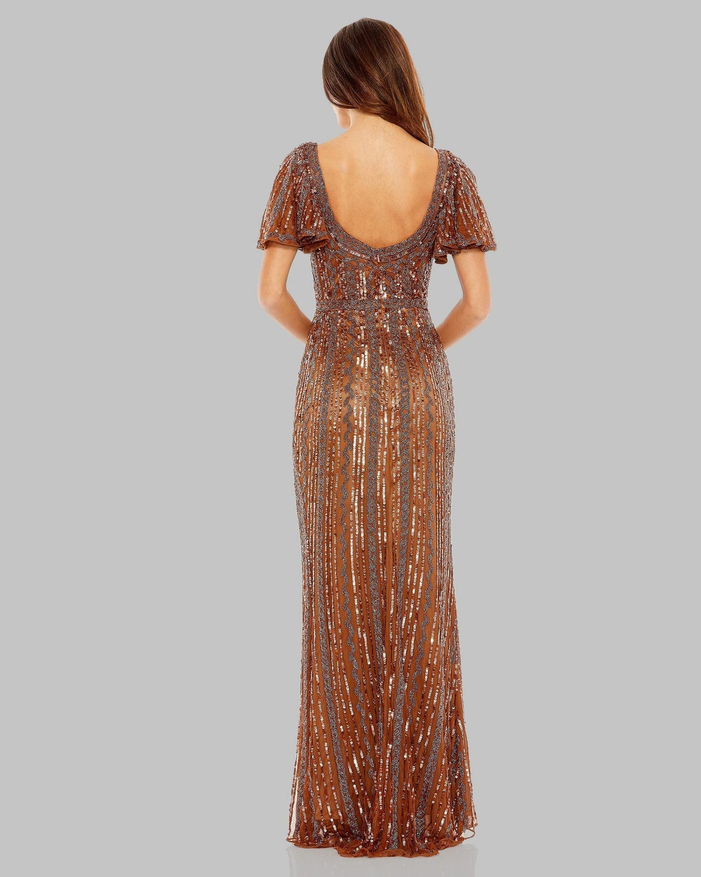 Brown Beaded Flutter Sleeve Column Gown