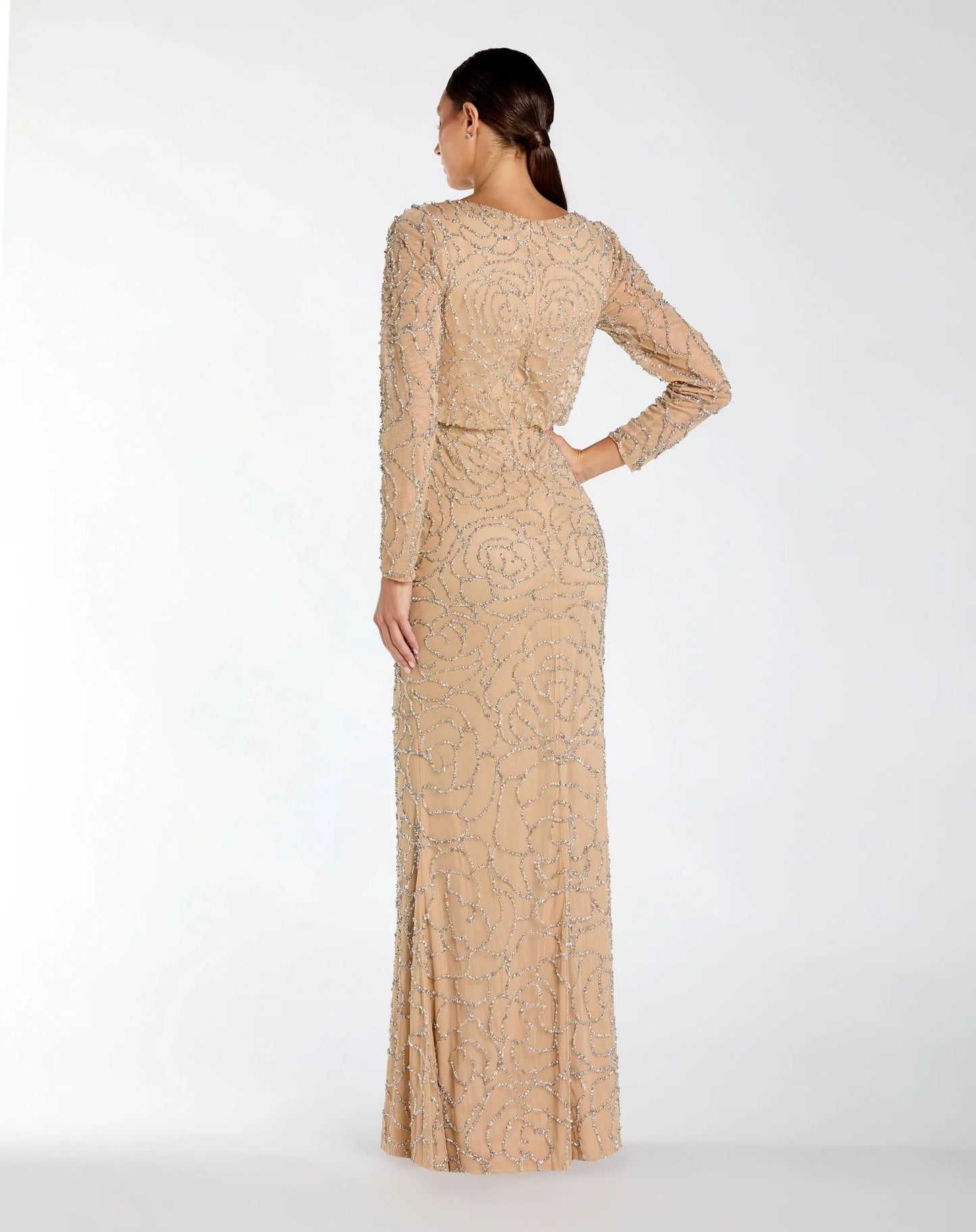 Beige Long Sleeve Beaded Blouson Gown