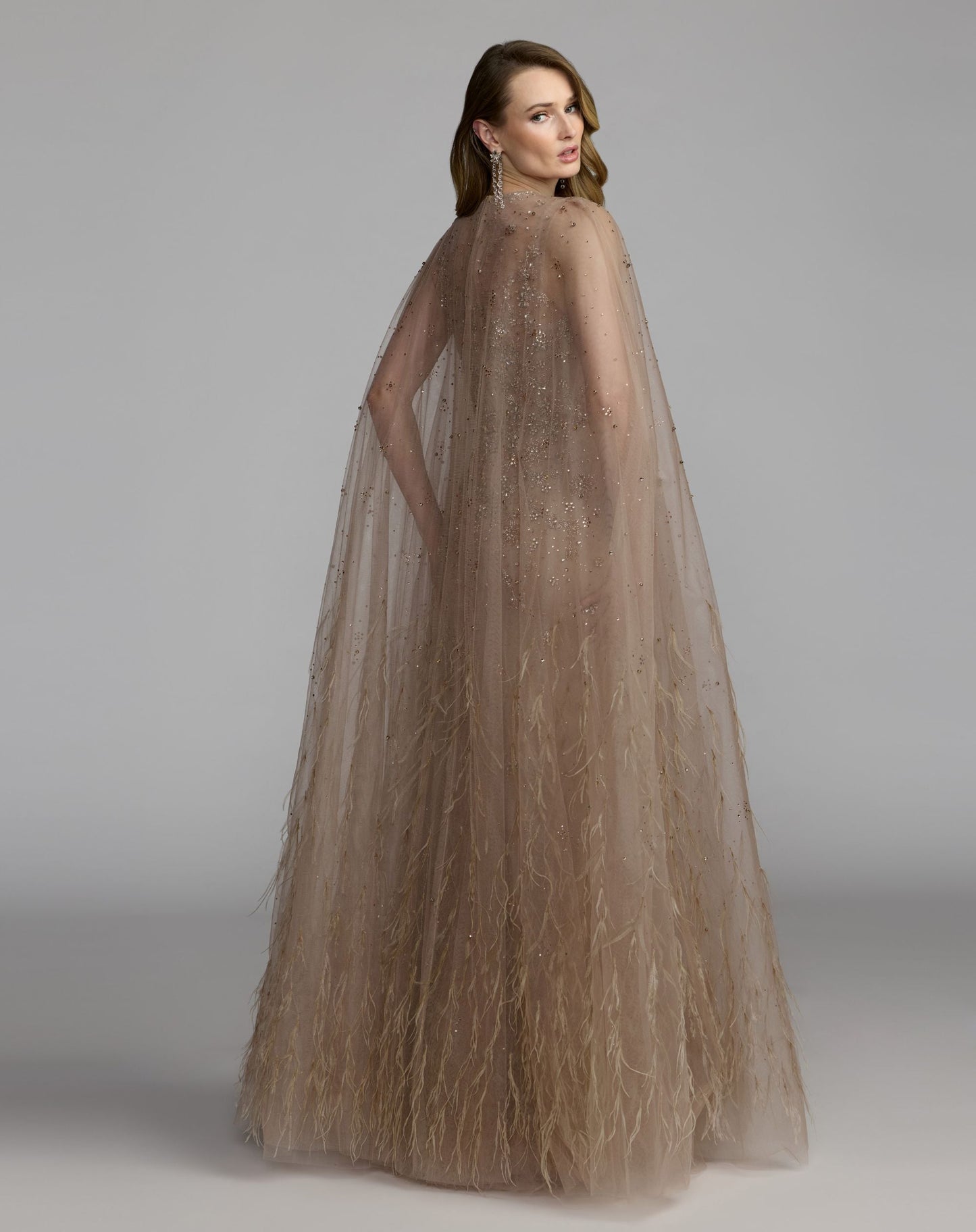 Beige Crystal Embellished Cape Gown with Feathers