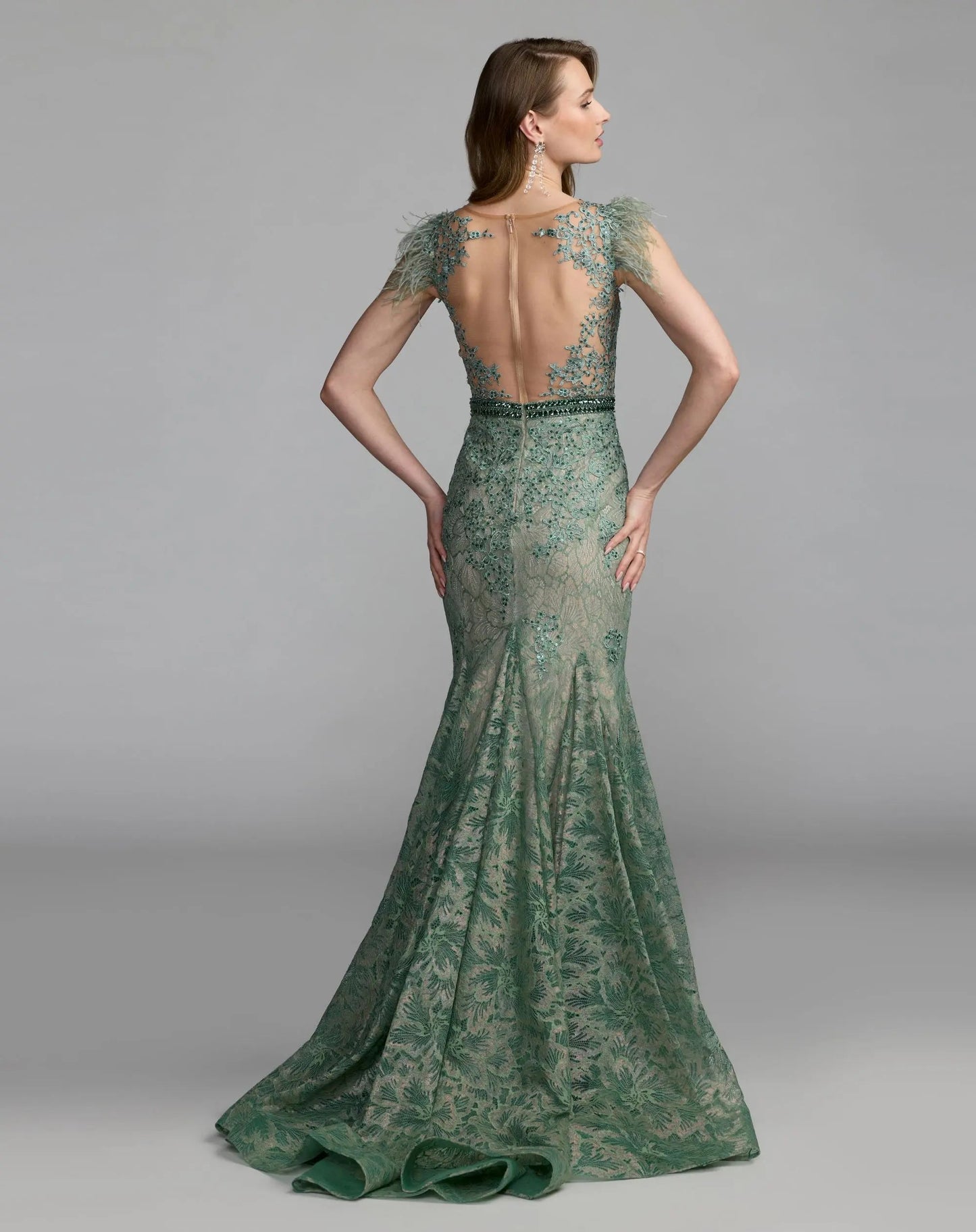 Green Embellished Lace High Neck Gown With Feather Sleeves