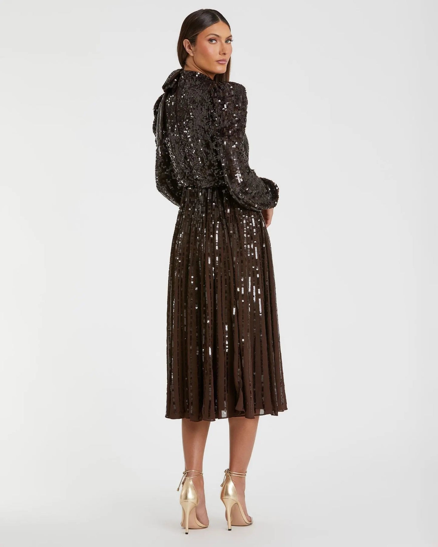 Brown Long Sleeve Sequin Tea Length Dress - FINAL SALE