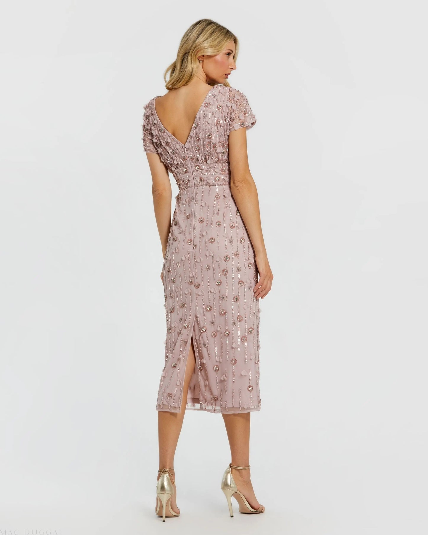 Cap Sleeve Sheath Midi Dress With Floral Beading