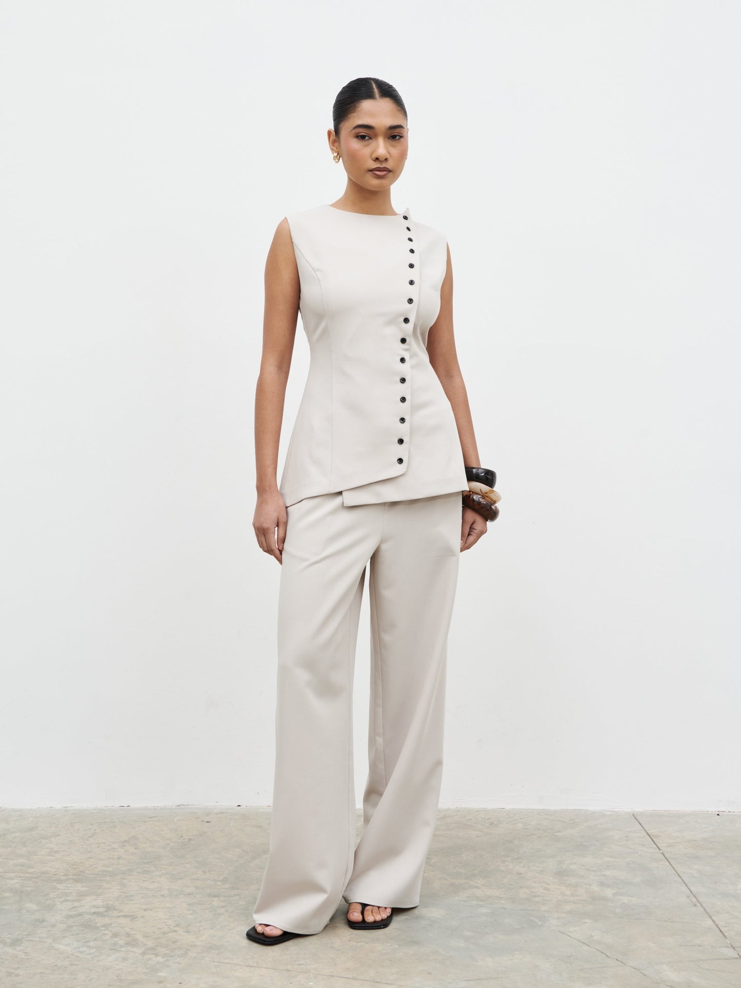 Brylee Asymmetric Button Waistcoat - Stone