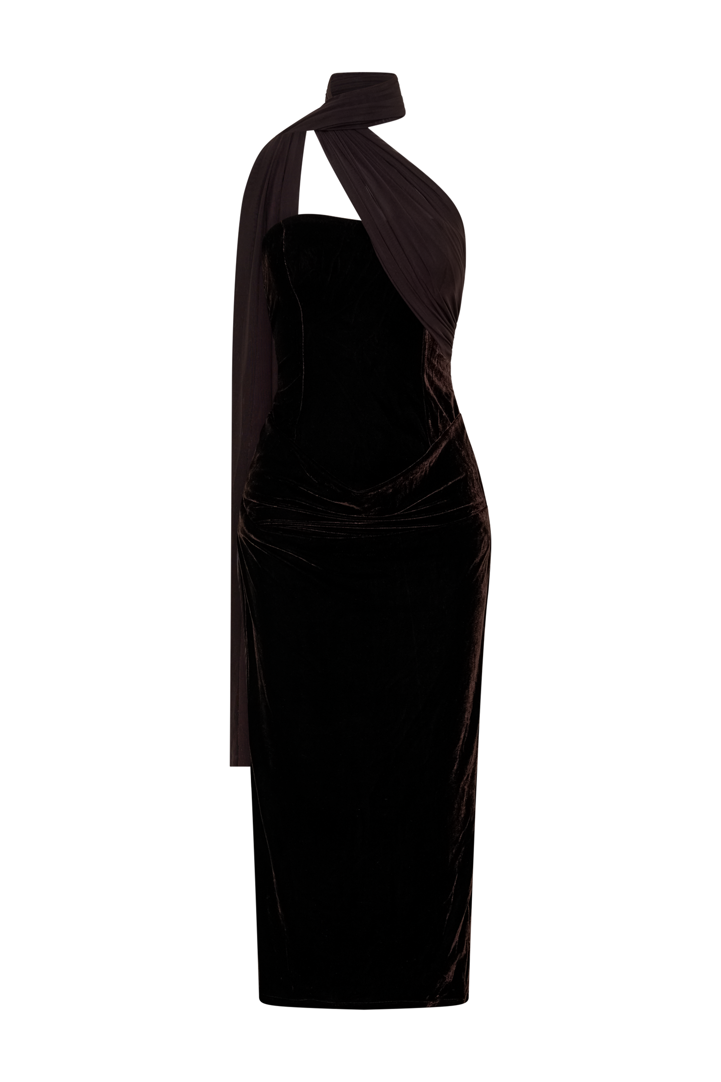 Mattea Velvet Midi Dress With Scarf - Chocolate