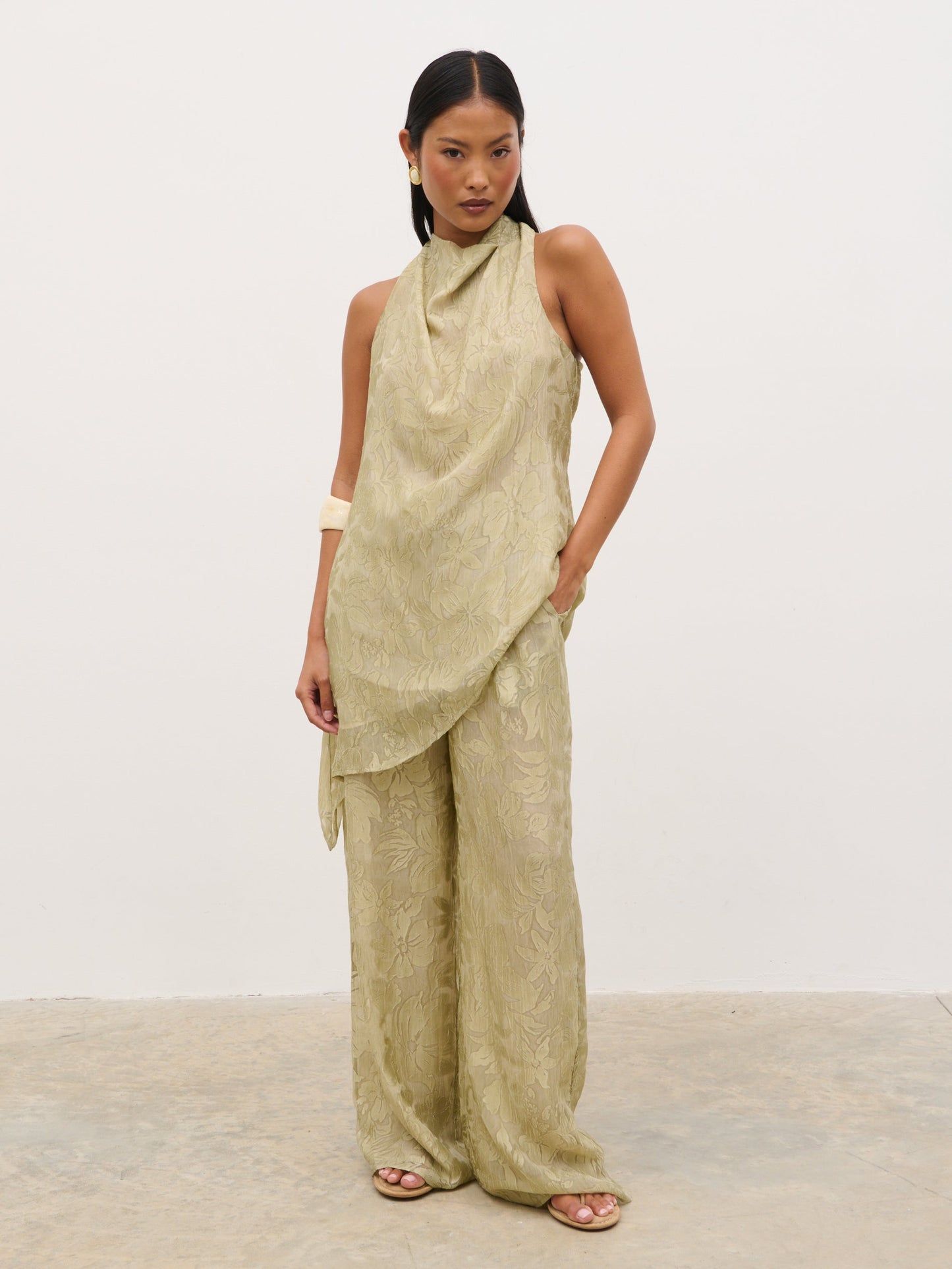 Inca Asymmetric Cowl Neck Top - Olive Jacquard Floral