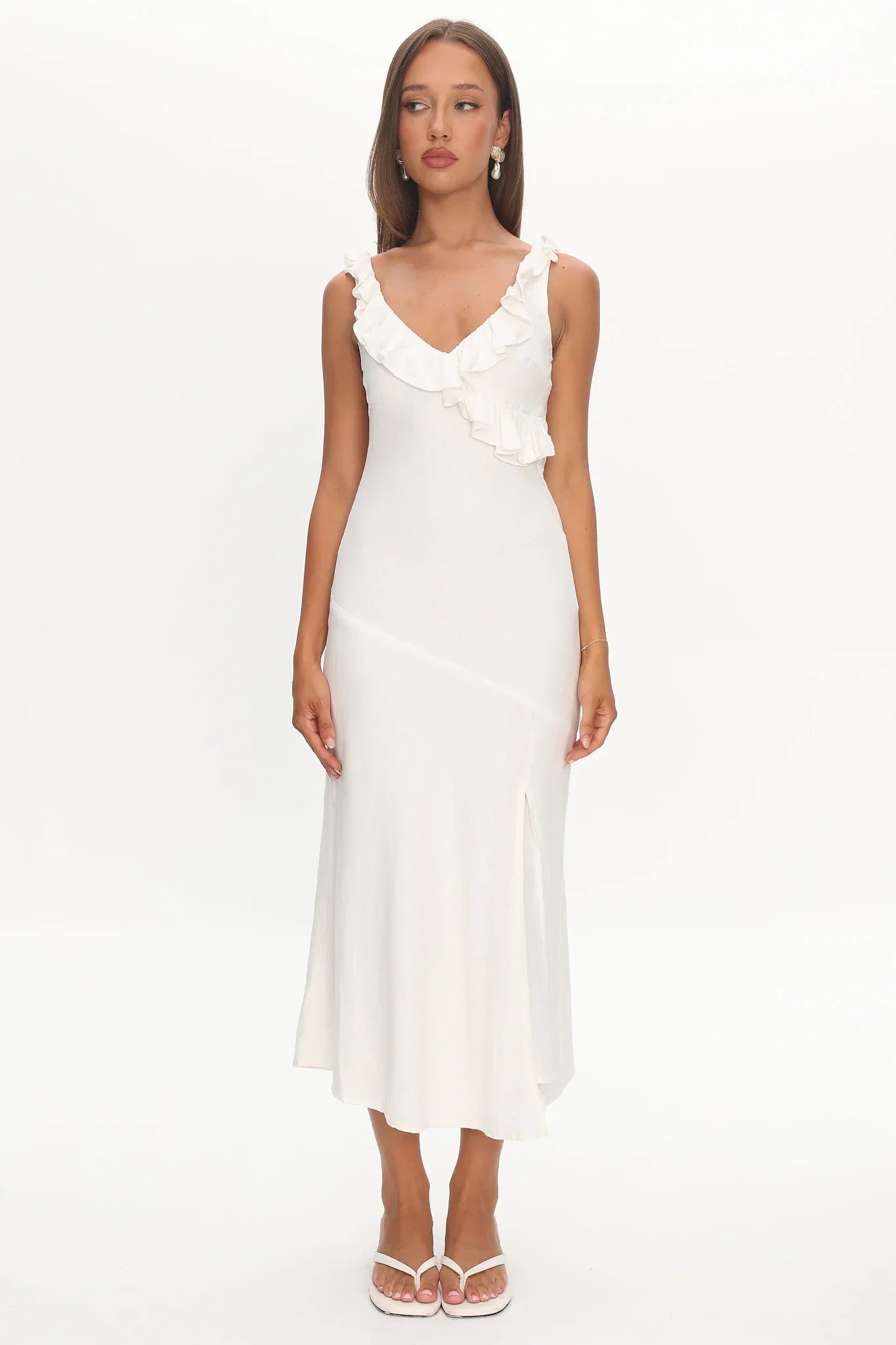Alba Frill Trim Midi Dress White