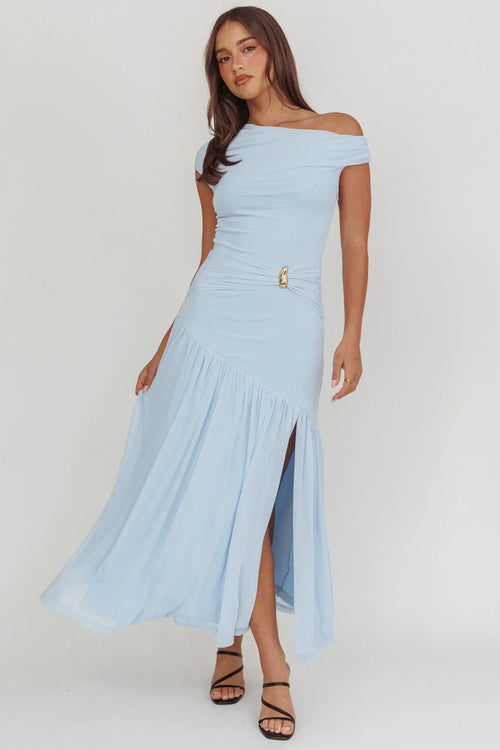 Azure Sun Asymmetric Neckline Split Maxi Dress Blue