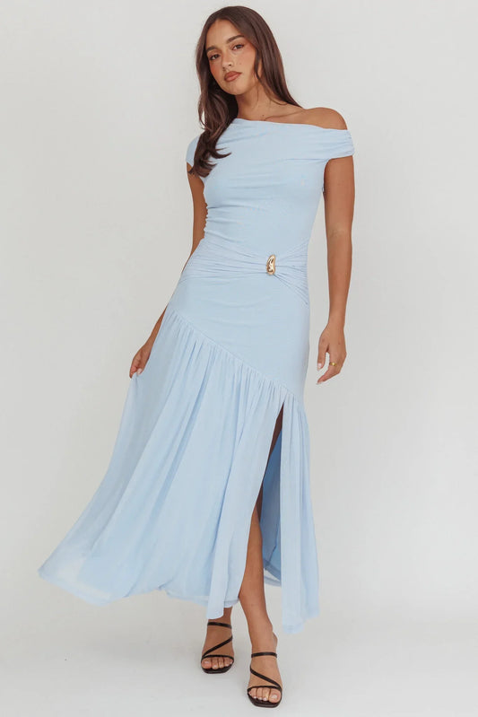 Azure Sun Asymmetric Neckline Split Maxi Dress Blue