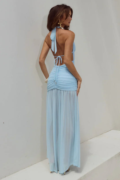 ADRIANNA PLUNGE RUCHED MAXI DRESS - AQUA