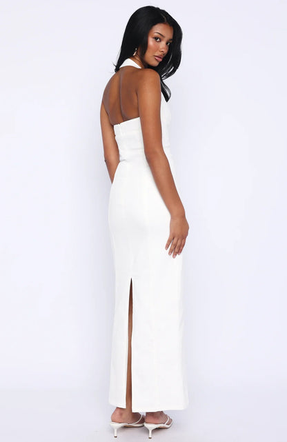 Champagne High Halter Maxi Dress White