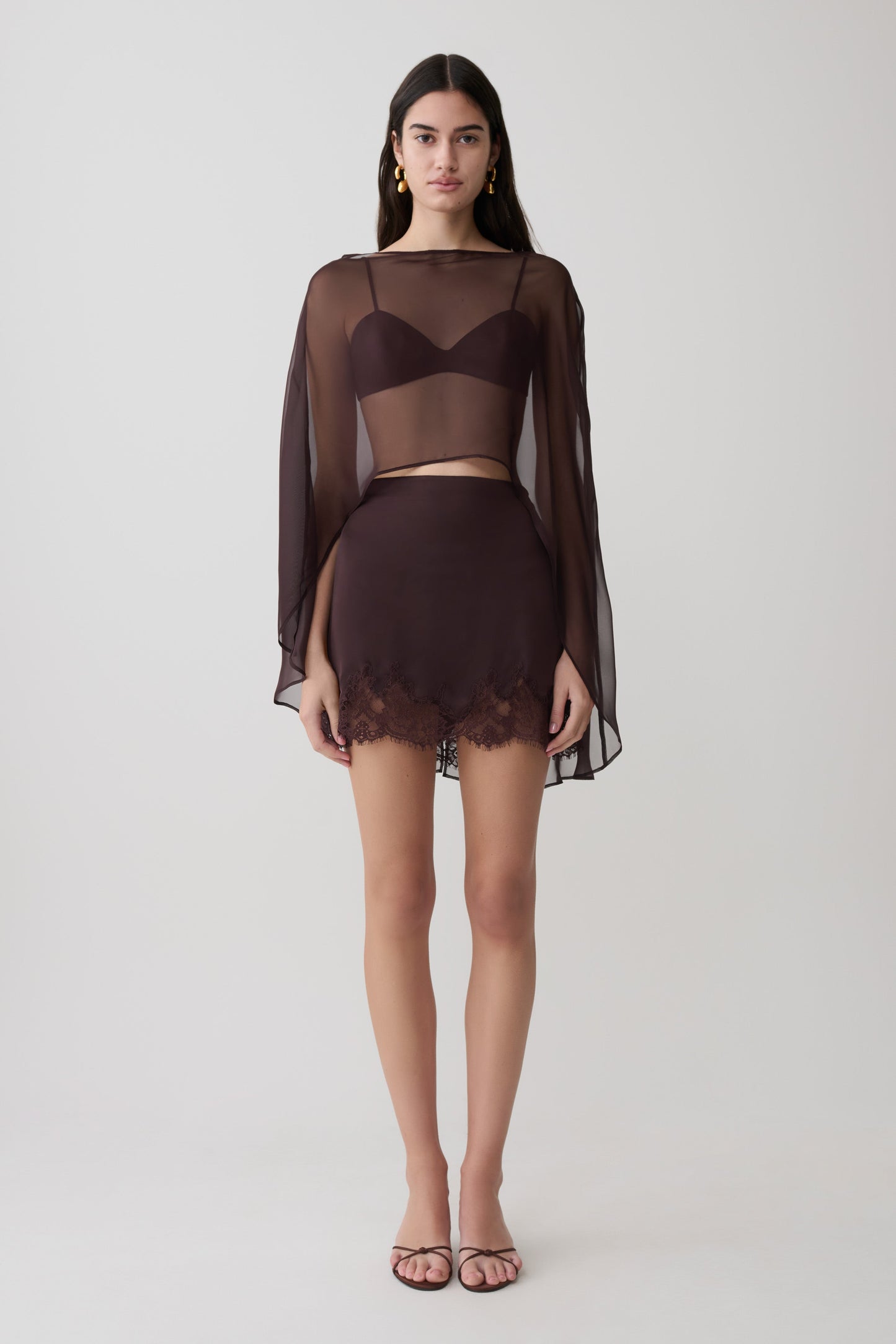Kirstine Bralette With Chiffon Cape - Chocolate