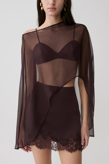 Kirstine Bralette With Chiffon Cape - Chocolate