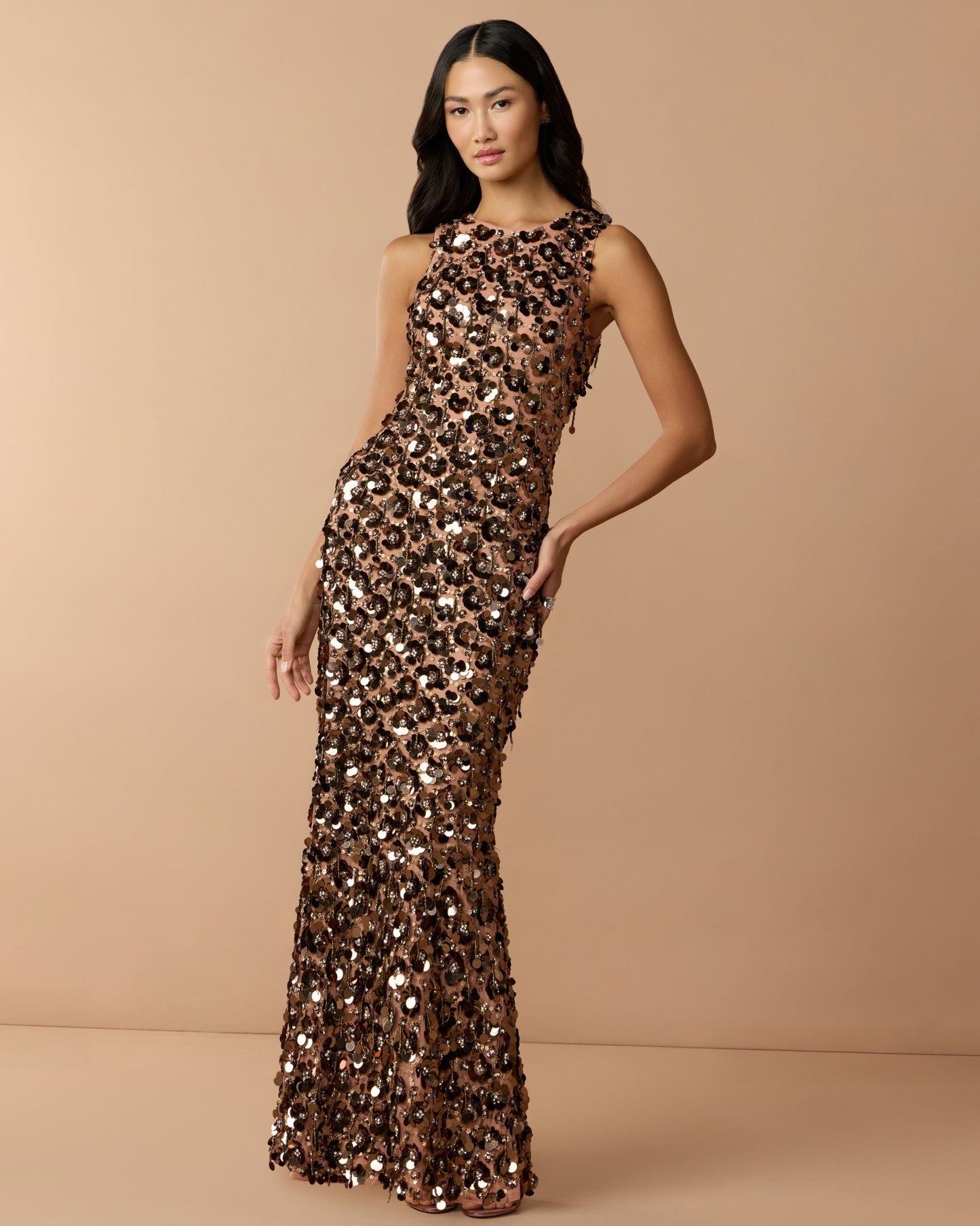 Brown Sequin Embellished Sleeveless Gown With Beaded Fringe