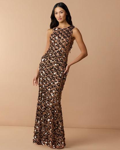 Brown Sequin Embellished Sleeveless Gown With Beaded Fringe