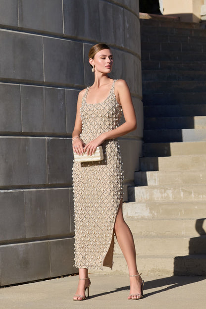 Beige Pearl Embellished Scoop Neck Midi Dress