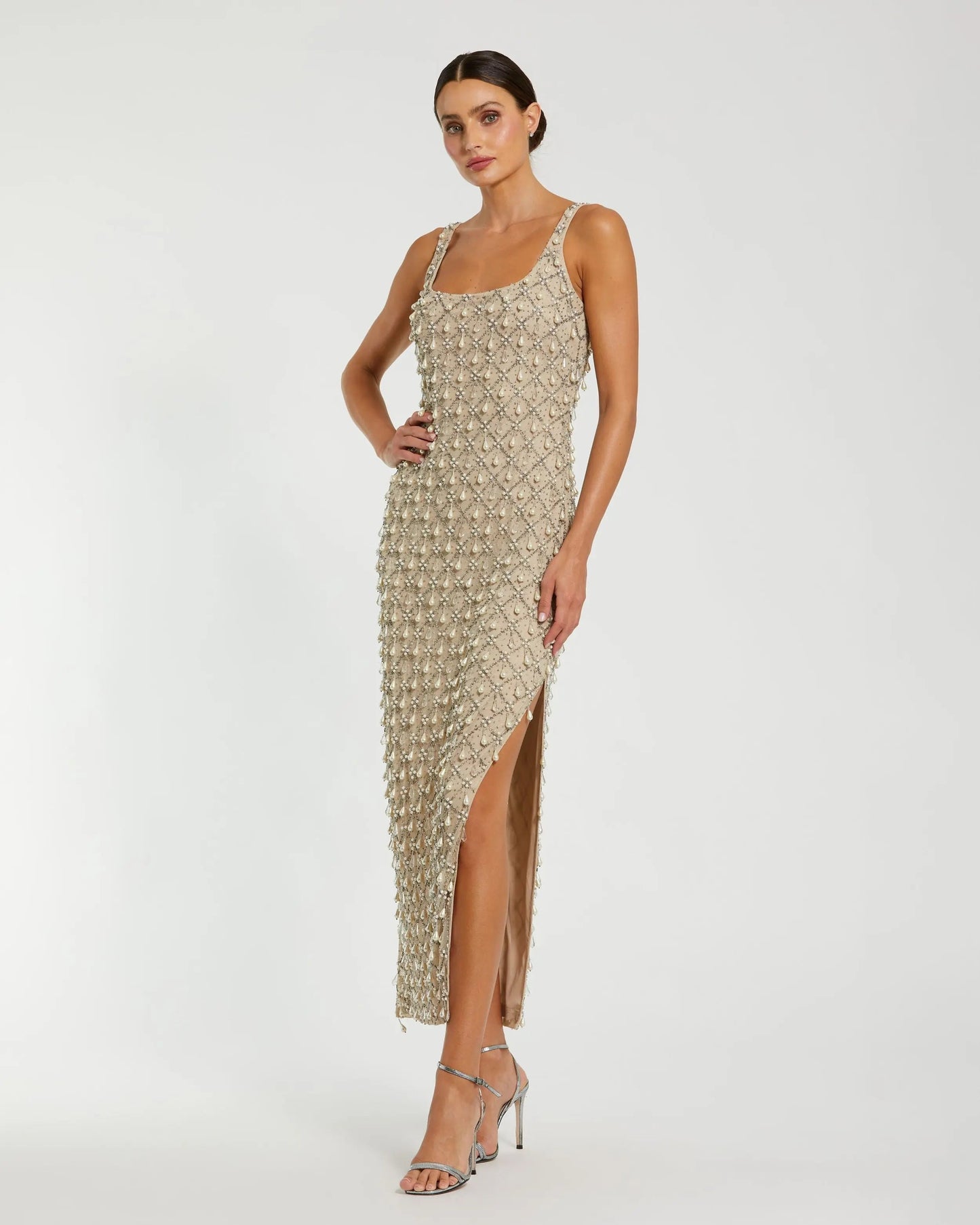Beige Pearl Embellished Scoop Neck Midi Dress
