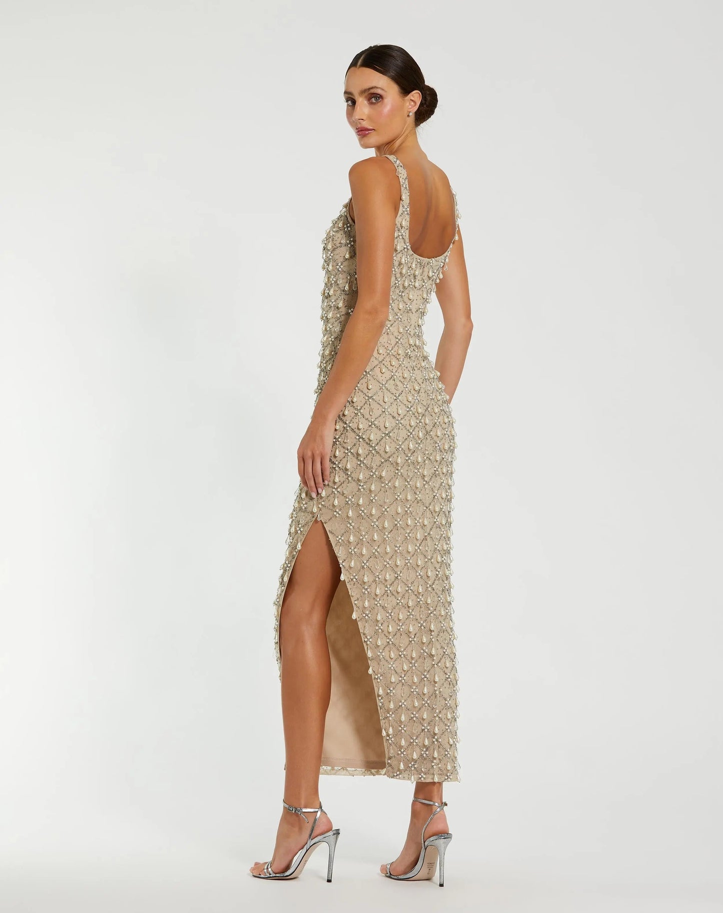 Beige Pearl Embellished Scoop Neck Midi Dress