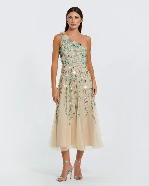 Beige Floral Embellished One Shoulder Midi Dress