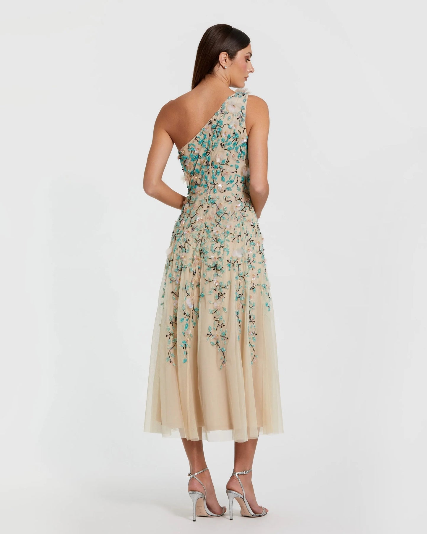 Beige Floral Embellished One Shoulder Midi Dress