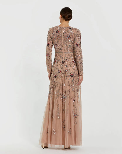 Beige Long Sleeve Floral Embellished A-line Gown