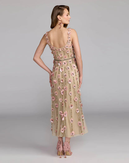 Beige Sleeveless Scoop Neck Embellished Midi Dress