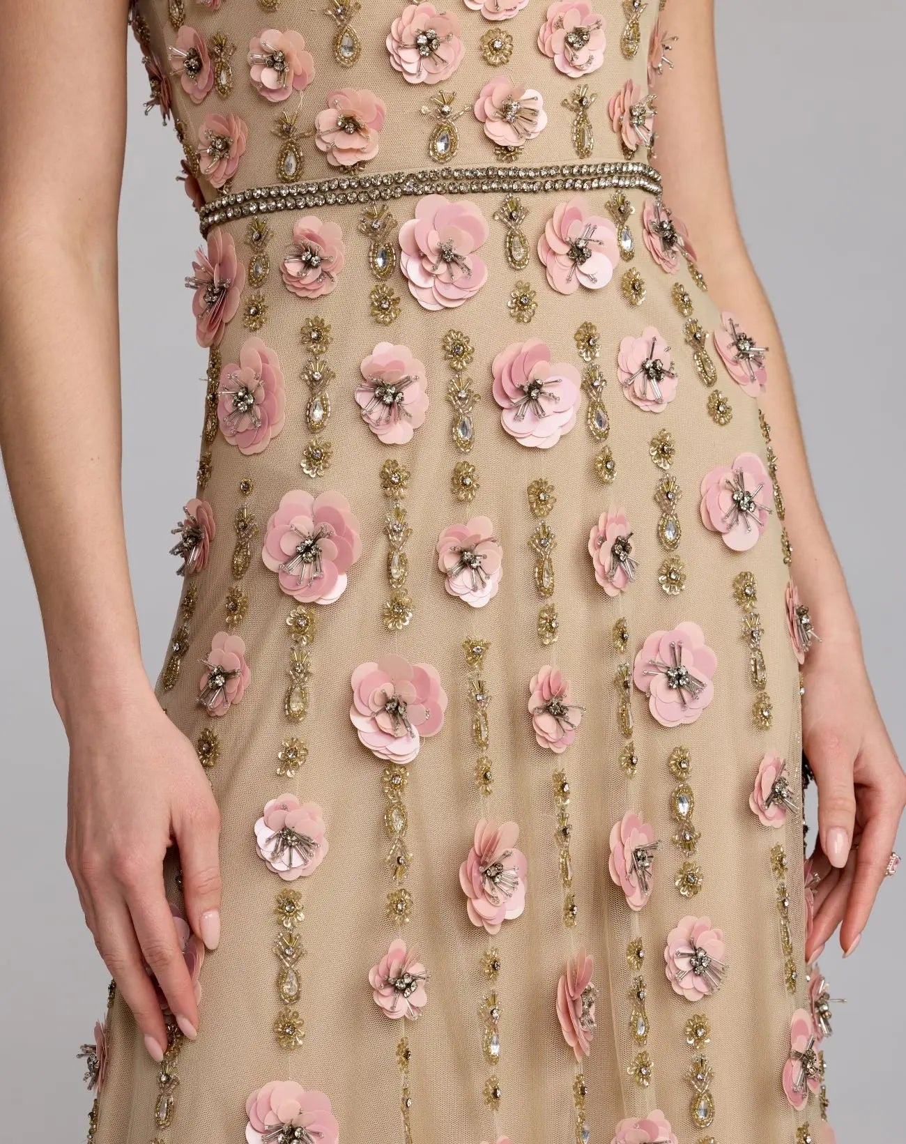 Beige Sleeveless Scoop Neck Embellished Midi Dress