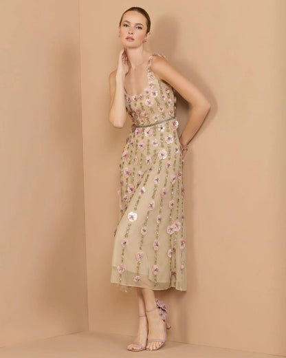 Beige Sleeveless Scoop Neck Embellished Midi Dress