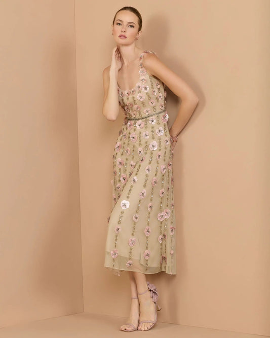 Beige Sleeveless Scoop Neck Embellished Midi Dress