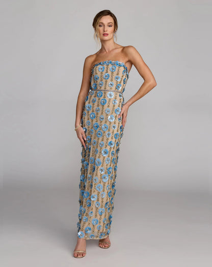 Beige Strapless 3D Floral Embellished Dress