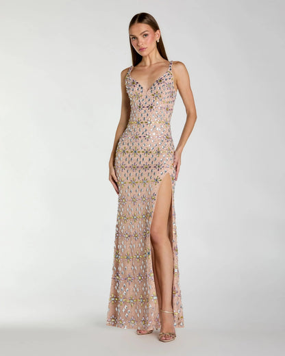 Beige Crystal Embellished Column Gown With Slit