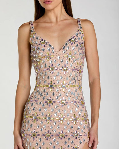 Beige Crystal Embellished Column Gown With Slit