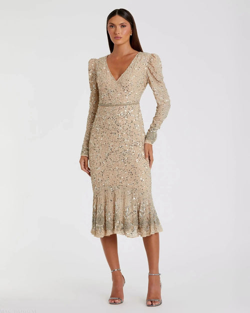 Beige Sequin Dress with Beaded Hemline and Belt - FINAL SALE