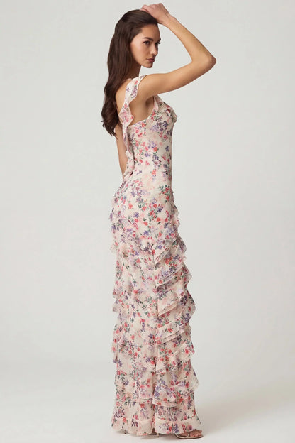 Asymmetric Ruffled Lace-Up Gown in Primrose Floral Print