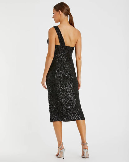 Black Sequined One Shoulder Front Bow Dress - FINAL SALE