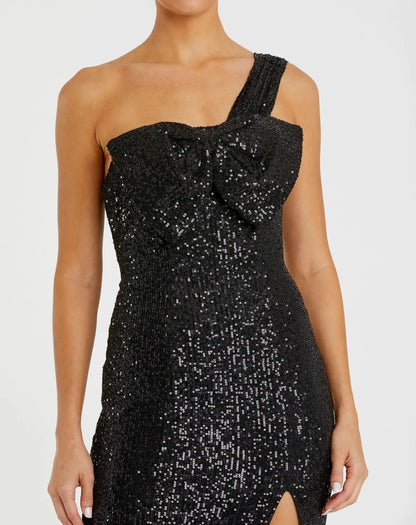 Black Sequined One Shoulder Front Bow Dress - FINAL SALE