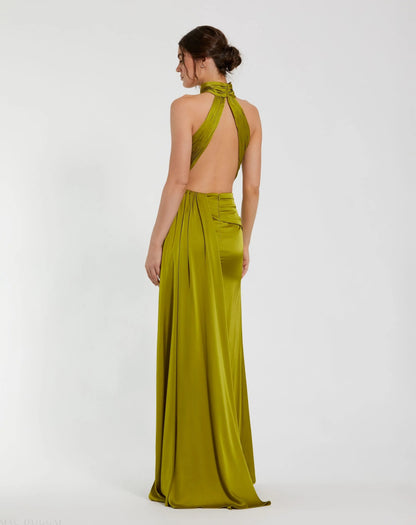 Dark Green Sleeveless Open Back Satin Gown