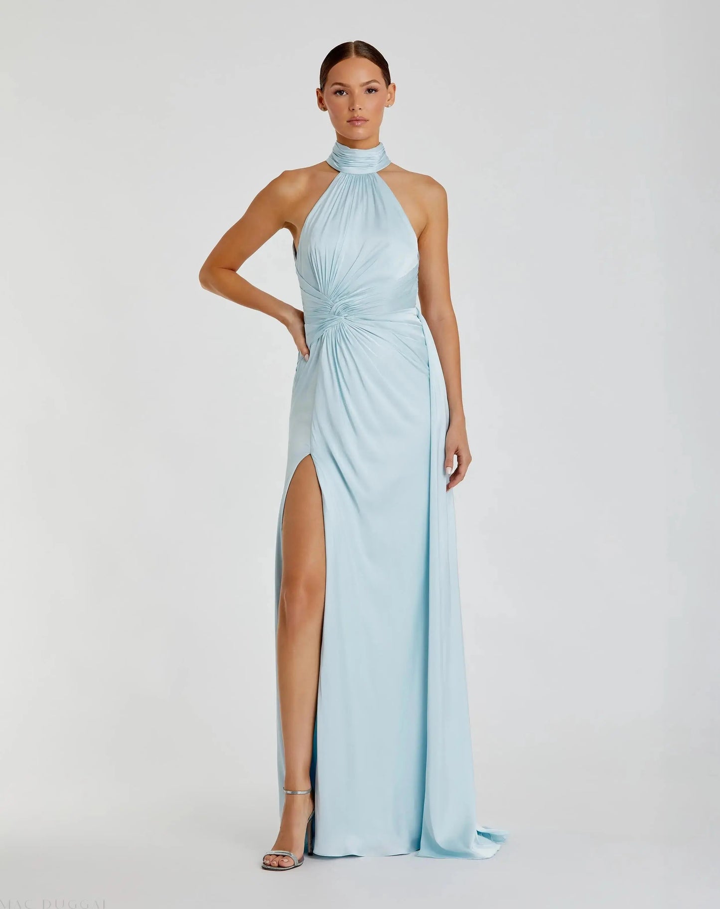 Light Blue Sleeveless Open Back Satin Gown