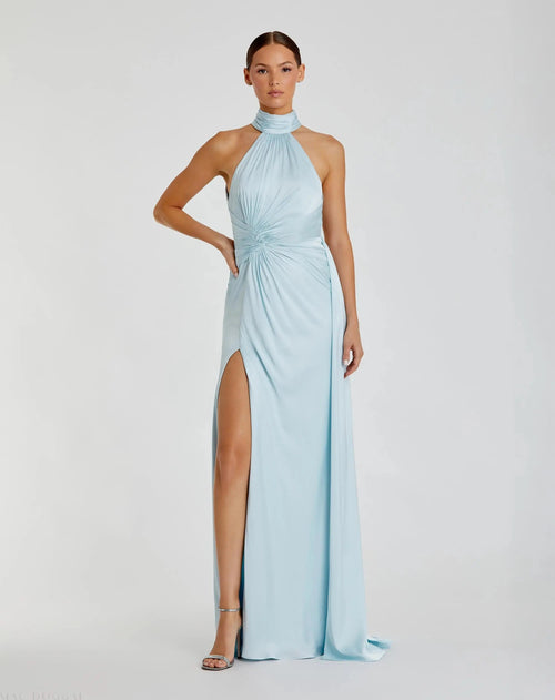 Light Blue Sleeveless Open Back Satin Gown